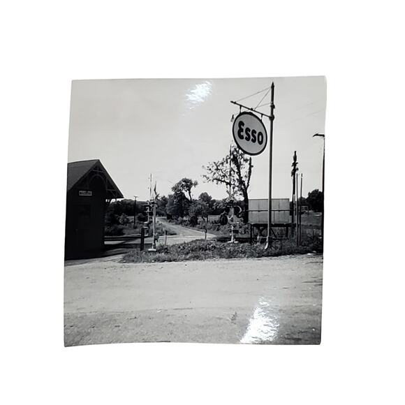 Vtg Monochrome Photography Esso Sign on Street Corner Found Snapshot 1960s - Picture 1 of 4